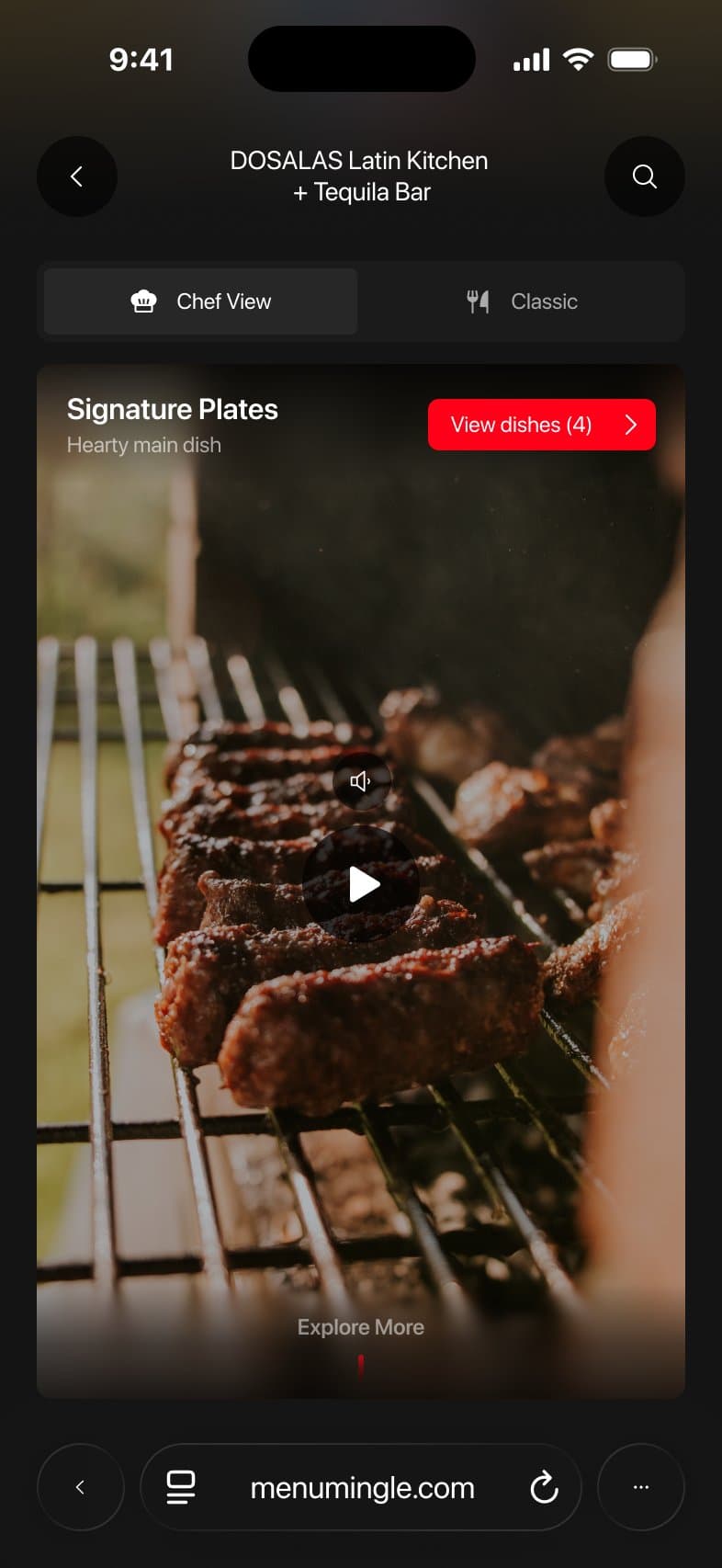 Chef View feed playing a cinematic grill video for Signature Plates