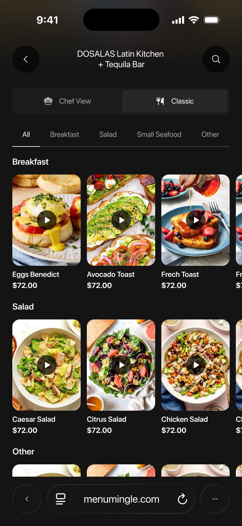 Classic menu grid with breakfast and salad categories
