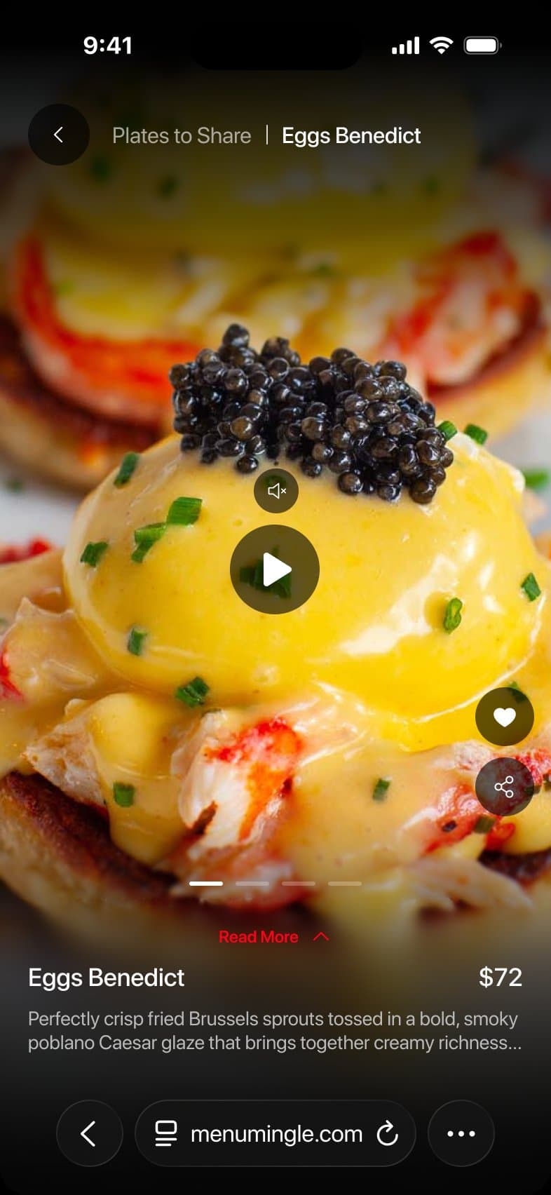 Dish detail screen for Eggs Benedict with video preview