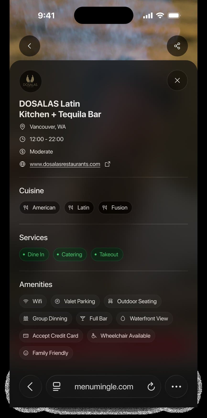 Restaurant details screen with services and amenities data