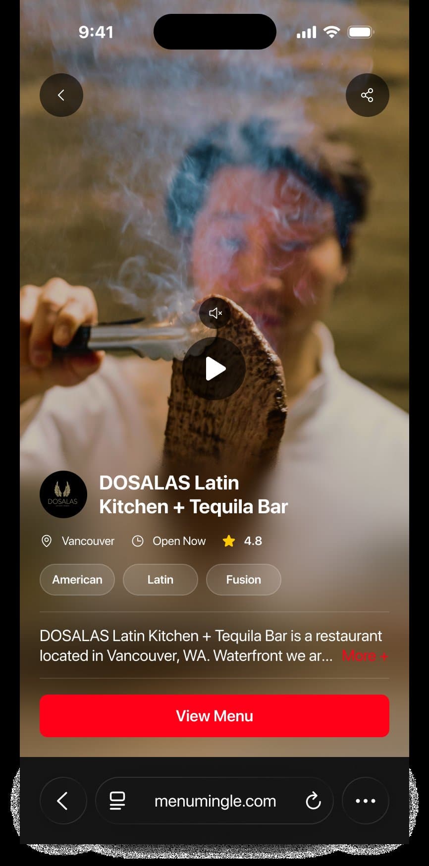 DOSALAS Latin Kitchen guest landing screen with chef video