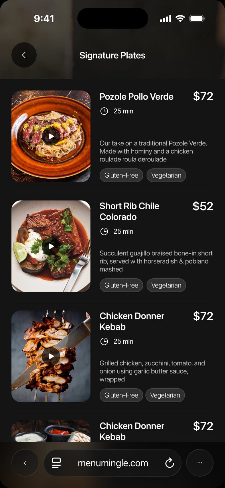 Signature Plates list with dish photos, pricing and dietary tags